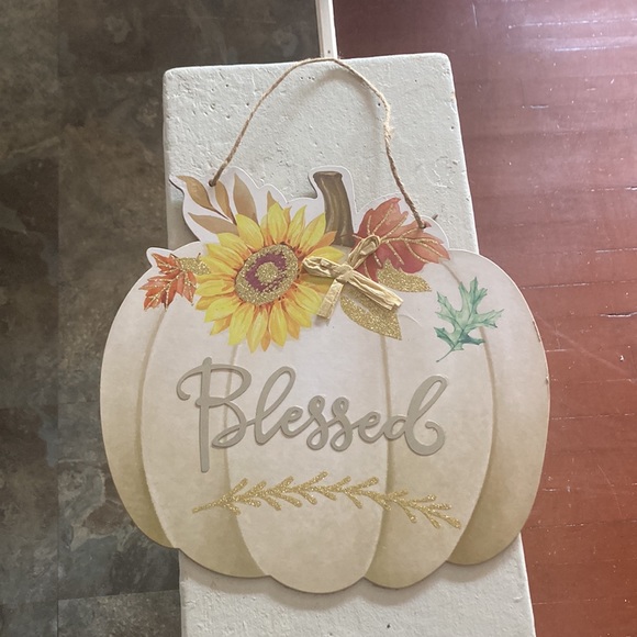 NWT Cream Glittered Pumpkin w/ Galvanized BLESSED Fall Harvest Decoration 🌻🍂🍁 - Picture 7 of 9